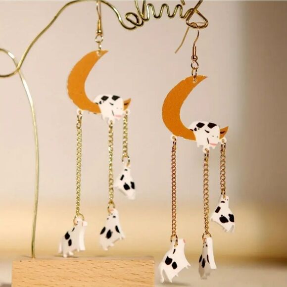 14k COW & THE MOON cute fun Whimsical novelty kawaii earrings - Picture 1 of 6